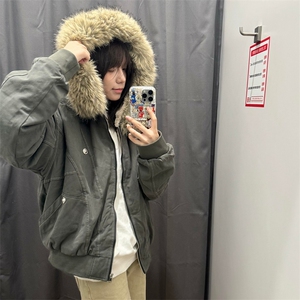 现货重磅boxy短款棉衣座山雕大毛毛领男女棉服水洗工装厚外套图片