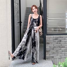 复古艺术感晕染背带裤女夏季2025新款韩版小个子高级感休闲裤子，女装休闲裤，2D078