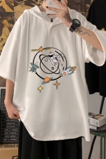 LD54142-P45连帽短袖t恤男大码胖子带帽五分袖中袖海报风，男装T恤，电商A040