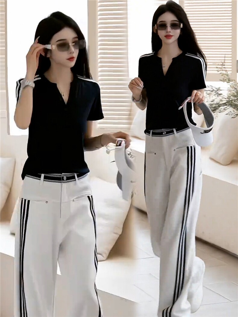 超火穿搭一整套时尚套装女夏季新款撞色拼接半开领上衣长裤两件套,女装套装/套裙,江南