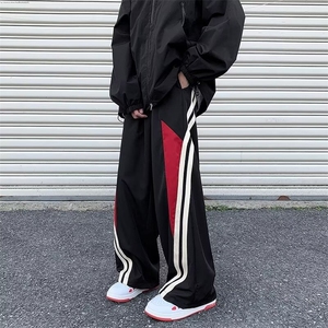 机能防水冲锋裤青年条纹拼接裤痞帅宽松直筒阔腿休闲长裤图片