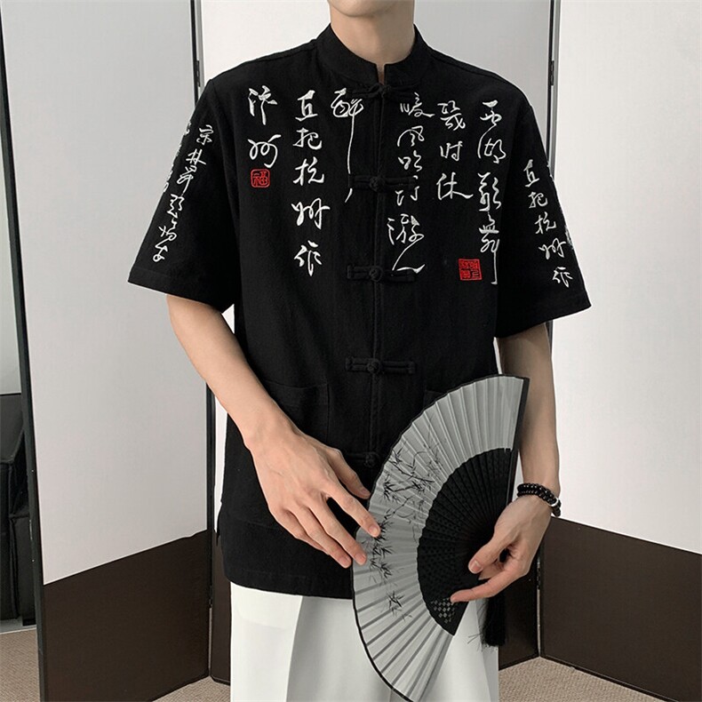 中式现货2025大码复古书法重磅刺绣新款盘扣衬衫T2881-P65-控88图片