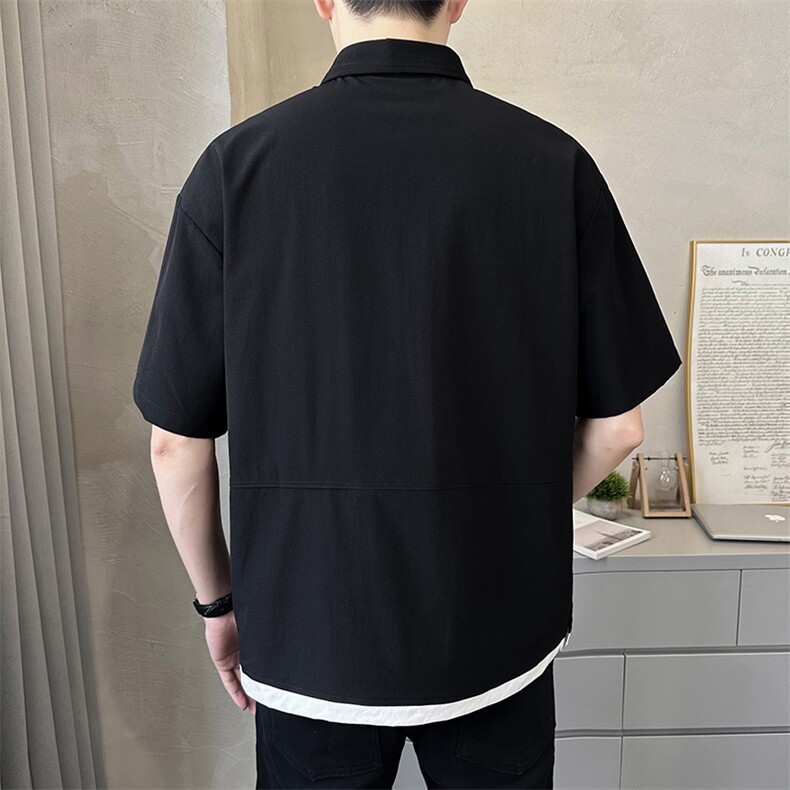 轻熟风男士polo衫重磅设计感款工装假两件短袖T恤半袖A409-1,男装T恤,电商A409-1