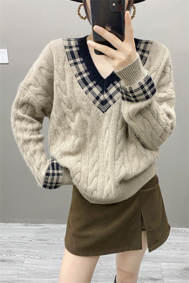 v领欧货高端100纯山羊绒衫女秋冬麻花重工宽松慵懒风加厚软糯毛衣,女装羊绒衫,织绒羊