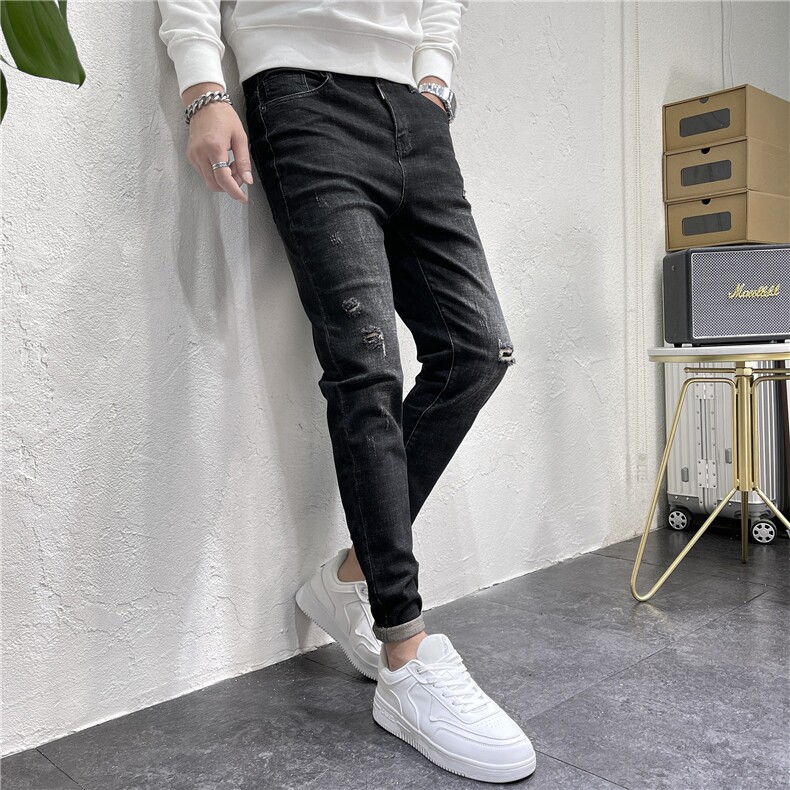 秋冬季黑色破洞牛仔裤男潮流百搭小脚裤社会小伙D311K214P80,男装牛仔裤,电商D311