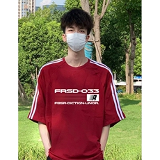 抖音得物高品质二开240克宽松纯棉美式潮牌三条杠织带短袖T恤，男装T恤，电商A486-1