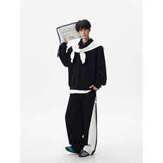 5XL-M潮流高级感披肩撞色拼接翻领百搭卫衣宽松弯刀长裤TZ113P118，男装休闲套装，电商D206-1