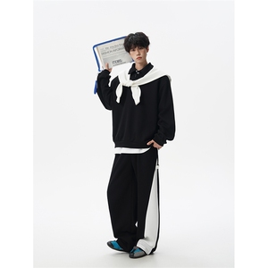 5XL-M潮流高级感披肩撞色拼接翻领百搭卫衣宽松弯刀长裤TZ113P118图片