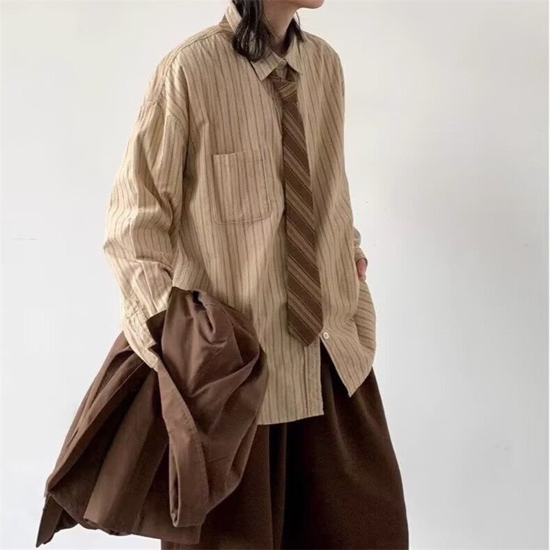 秋季宽松美式复古条纹日系长袖衬衫外套男女百搭上衣潮DD384P40,男装衬衫,星座1013-1