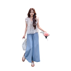 甜美减龄荷叶边V领上衣套装女2025年夏季新款松弛感阔腿裤两件套，女装套装/套裙，浙宝220