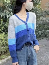 条纹撞色休闲时尚V领开衫，女装蕾丝衫/雪纺衫，萱芳婷羊绒