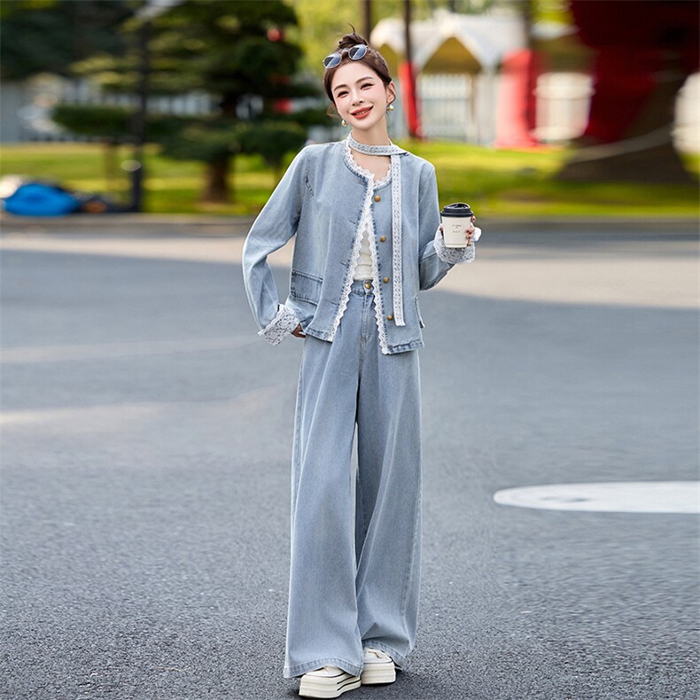 蕾丝拼接牛仔阔腿裤套装女春秋2025新款两件套独特绝美超火高级感,女装套装/套裙,2B115