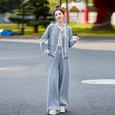 蕾丝拼接牛仔阔腿裤套装女春秋2025新款两件套独特绝美超火高级感，女装套装/套裙，2B115