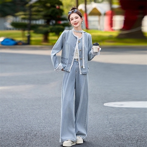 蕾丝拼接牛仔阔腿裤套装女春秋2025新款两件套独特绝美超火高级感图片