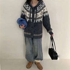 重磅秋冬北极绒开衫毛衣美式复古休闲慵懒风牛角扣针织衫连帽外套，男装针织衫/毛衣，电商A486-1