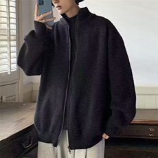 M014-P42美式双拉链开衫毛衣男春高街立领针织衫外套，男装针织衫/毛衣，电商B323A