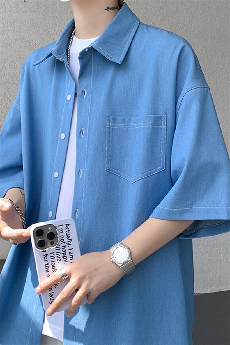 8XL-M冰丝牛仔短袖衬衫男款夏季薄款宽松慵懒衬衣外套DC28006P60,男装T恤,电商B312