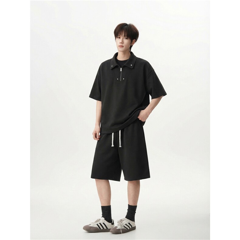 半拉链polo短袖抽绳短裤套装oversize宽松少年感套装T926P55控88,男装牛仔裤,电商A102B