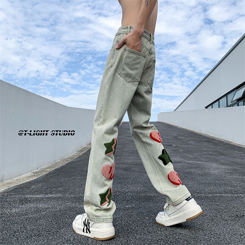 B221美式ins高街暗黑小众情侣毛巾绣直筒牛仔裤LK23021-P65控88,男装牛仔裤,电商B221