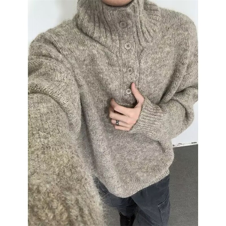 老钱风可翻高领毛衣男女高级感纽扣针织衫外套M5805-P75，男装针织衫/毛衣，电商C216