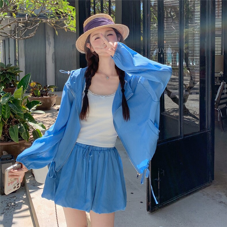 率性轻薄防晒套装裙女夏季2025新款时髦感连帽上衣半身短裙两件套,女装套装/套裙,千寻