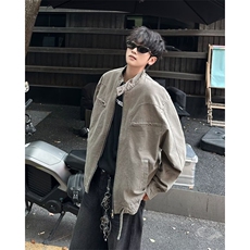 复古灰色短款外套男秋季水洗底特律工装夹克垫肩牛仔衣JW9333，男装工装外套，星座1116A-1（原606A）