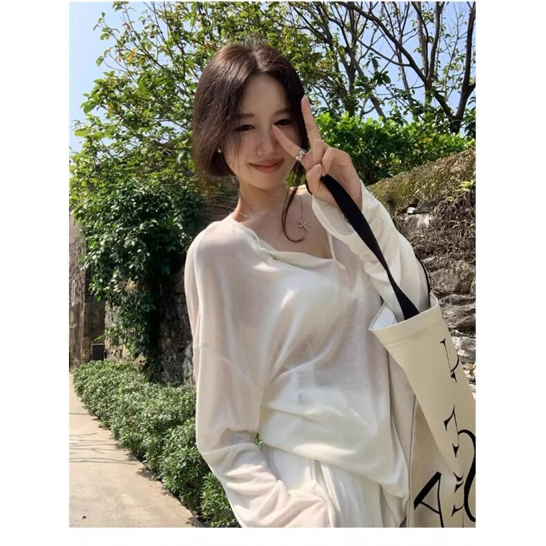 韩系慵懒风白色v领冰丝面膜T恤女秋季薄款微透防晒罩衫空调衫外套,男装防晒衣,星座506A