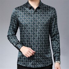 正品2023年春秋季衬衫男装长袖薄款印花中年免烫透气衬衣，男装衬衫，电商B212（原钱塘6029）