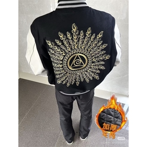 百搭慵懒时尚毛呢拼皮面料加绒刺绣高质量夹克日系潮流JA245