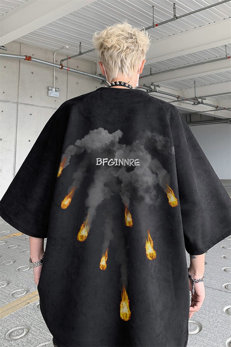 2025夏季新款美式高街潮流麂皮绒短袖t恤大码宽松上衣男H9902-P28,男装T恤,电商B295