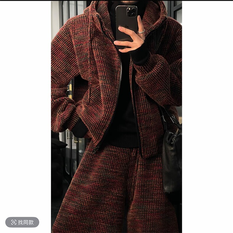抖音加绒加厚针织连帽卫衣阔腿裤套装上衣P128裤子P95(网图,男装休闲套装,电商B267