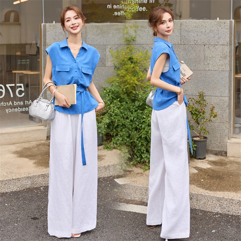 轻熟风气质套装女2025夏季新款时尚显瘦无袖马甲衬衫阔腿裤两件套，女装套装/套裙，艾仟回(原伊仟回)