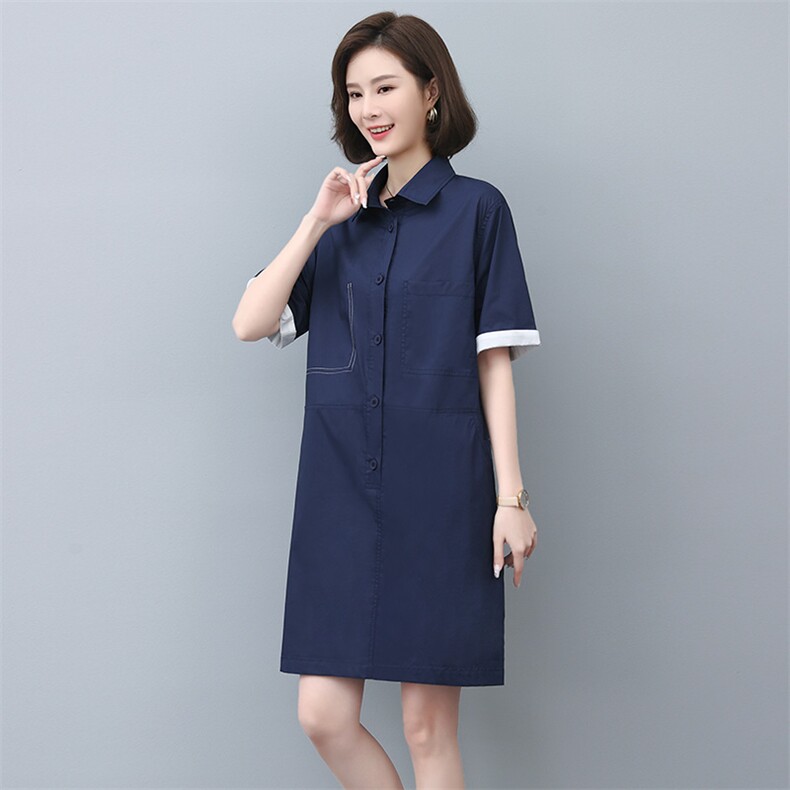 纯棉衬衫裙女夏2023新款中长款宽松休闲妈妈气质短袖直筒连衣裙,女装连衣裙,玛其路