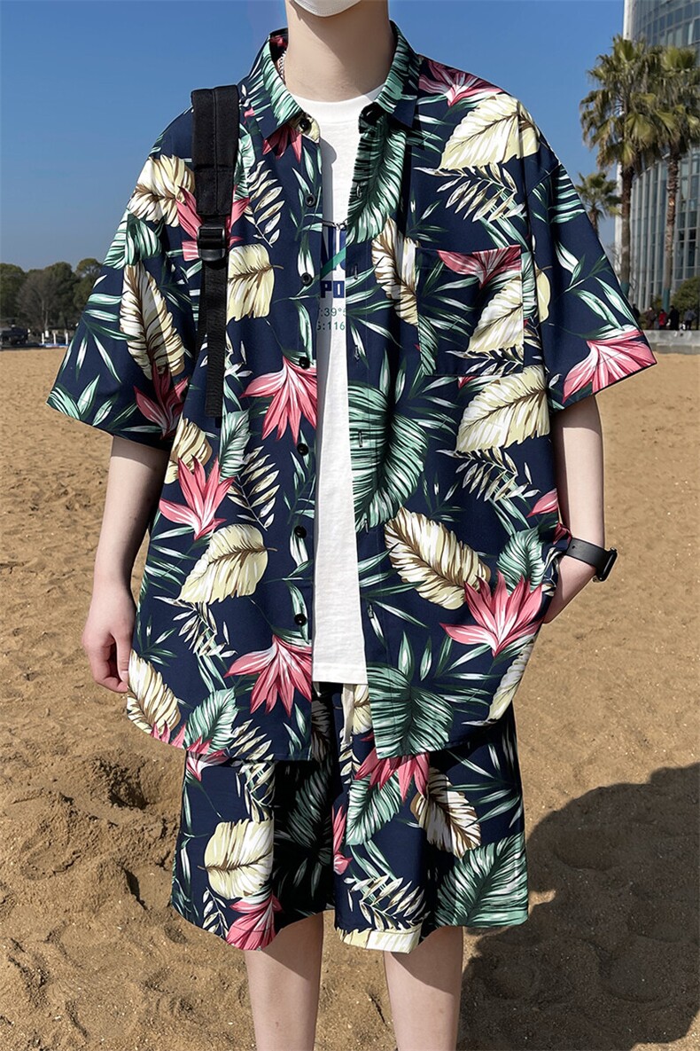 夏日大码套装宽松花衬衫男短袖痞帅休闲上衣两件套衣25裤20/TP45,男装衬衫,电商A012