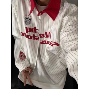 撞色翻领条纹夹克男女春季cleanfit高街宽松飞行服外套潮JK8566图片