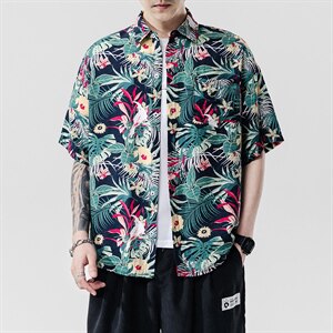 2021夏季新日系大码男无影墙沙滩情侣休闲短袖印花衬衫C3020-P35图片