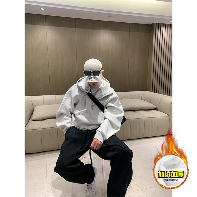 480G重磅加绒硬挺boxy男女秋冬美式高街结构半拉链卫衣开衫厚外套,女装短外套,电商A486-1