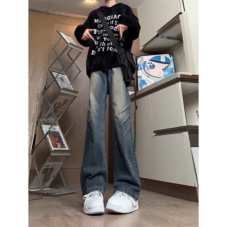 废土风复古脏染抓痕牛仔裤宽松直筒阔腿vintage裤子K7101-P45网图,女装休闲裤,电商B245