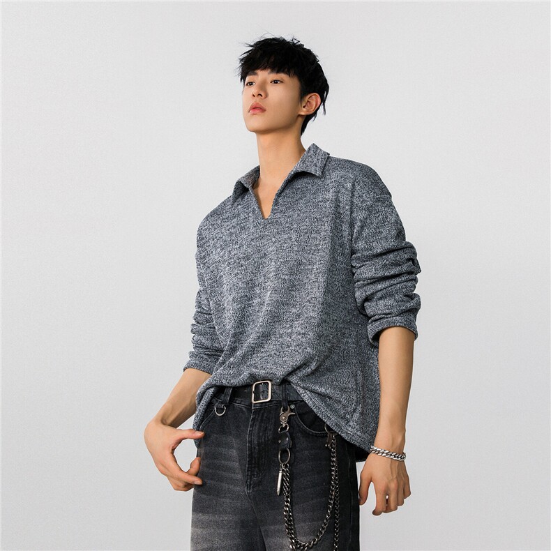 25春装美式老钱风麦穗v领长袖T恤衫翻领polo衫卫衣男H1041特P40，男装T恤，电商A341