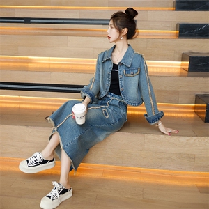 时尚春季牛仔套装裙女 高腰显瘦气质两件套 舒适百搭休闲风图片