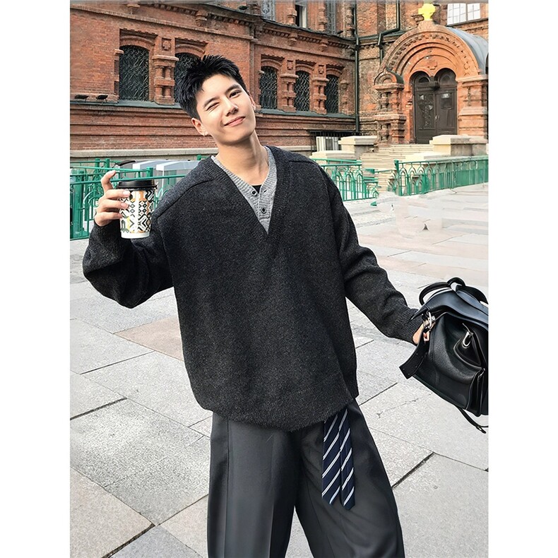 网现货V领毛衣男款秋冬美式覆古针织衫老钱风慵懒开衫B56-P58,男装针织衫/毛衣,星座910-1