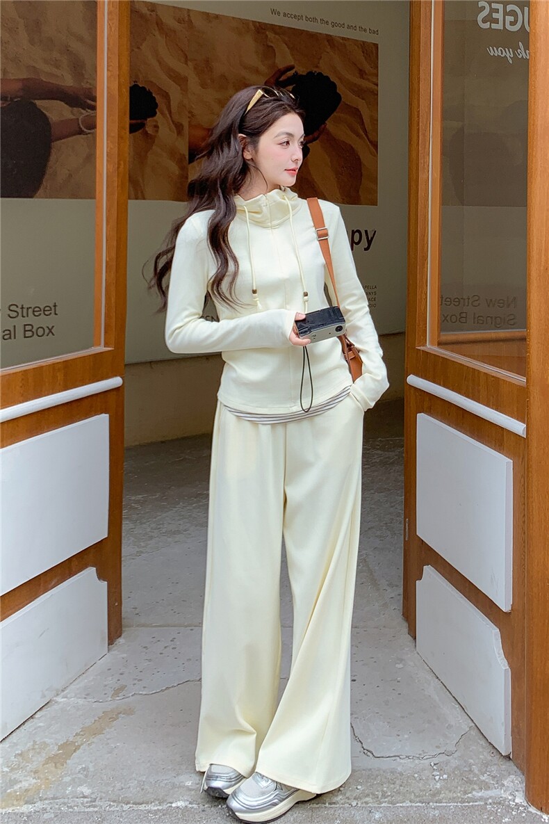 【新品】条纹拼接假两件上衣阔腿裤两件套,女装套装/套裙,2B076