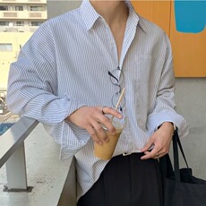 蓝色条纹衬衫男长袖宽松ins潮牌日系休闲翻领衬衣外套C5045，男装衬衫，星座1116A（原606A-3）