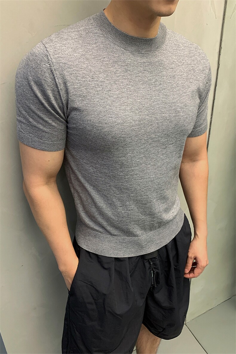 灰色针织短袖X7160-TP4068老钱风小领口打底衫凉感透气夏季,男装T恤,电商A102