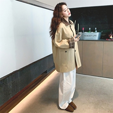 秋新款宽松咖色格纹拼接短款风衣外套，女装风衣，浙宝233