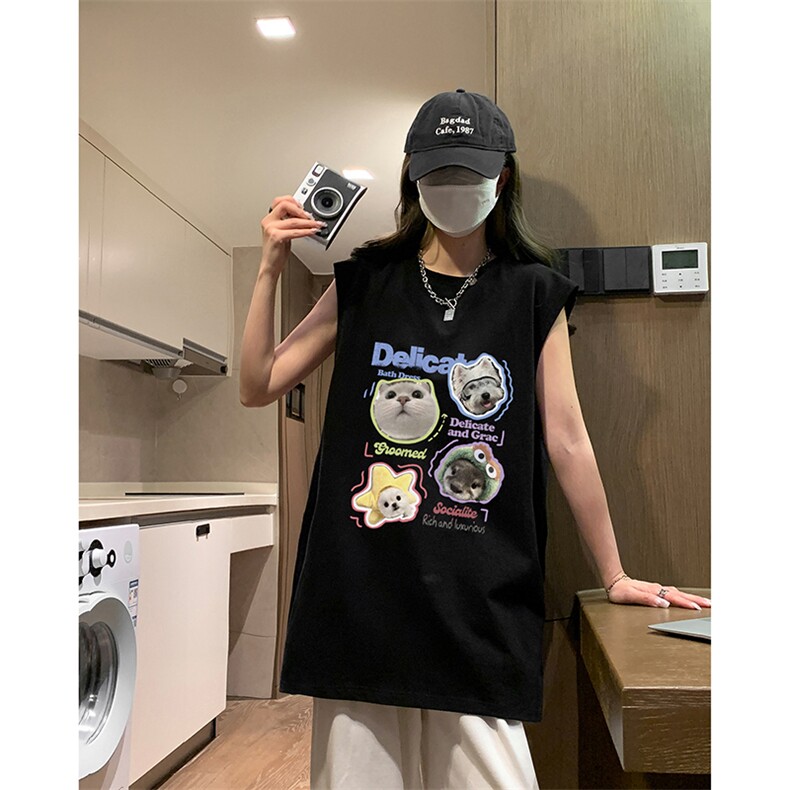 美式无袖T恤男夏季薄款慵懒风小猫咪印花背心青少年运动大码坎肩,男装背心/马甲,电商A102B