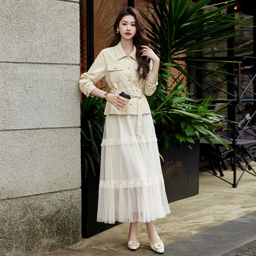 现货2026年春季新款女时尚潮流优雅风小外套皮衣蕾丝半身裙两件套，女装套装/套裙，奋斗女王