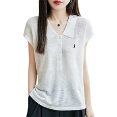 冰麻POLO领刺绣小飞袖T恤女2025夏薄透气宽松显瘦短袖上衣小衫t恤，女装T恤，菲奥羊绒