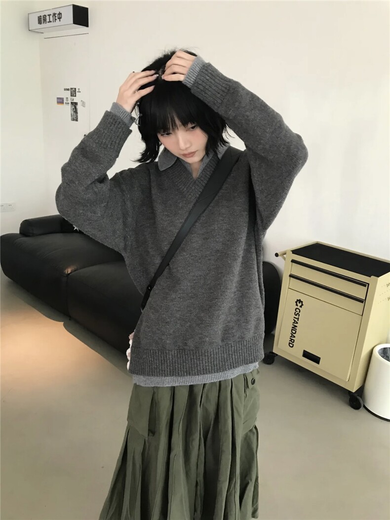 网图现货复古假两件v领翻领毛衣冬季cleanfit针织衫上衣外套P58,男装针织衫/毛衣,电商C306-1