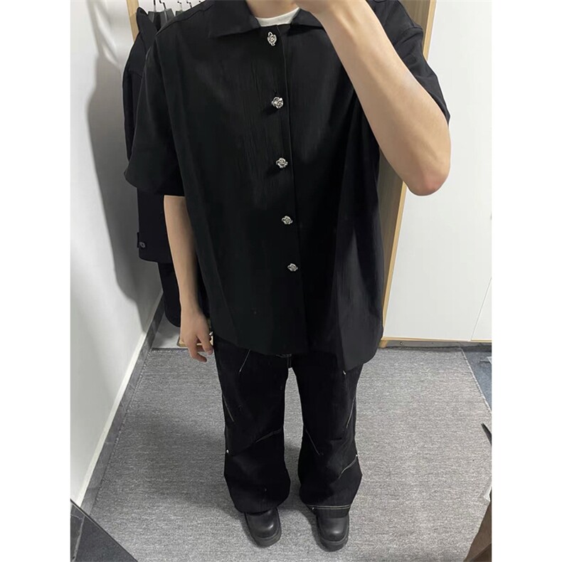 得物抖音品质二开老钱风亚麻冰丝纹短袖衬衫男女休闲美式潮牌衬衣,男装T恤,电商A486
